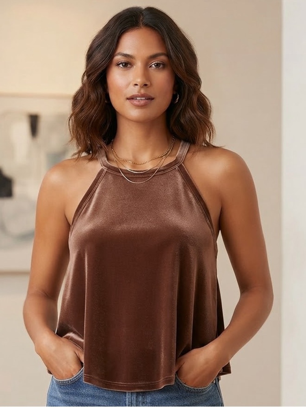 CHLOE & KATIE Velvet High Neck Cropped Tank M 21” p2p Copper NWOT